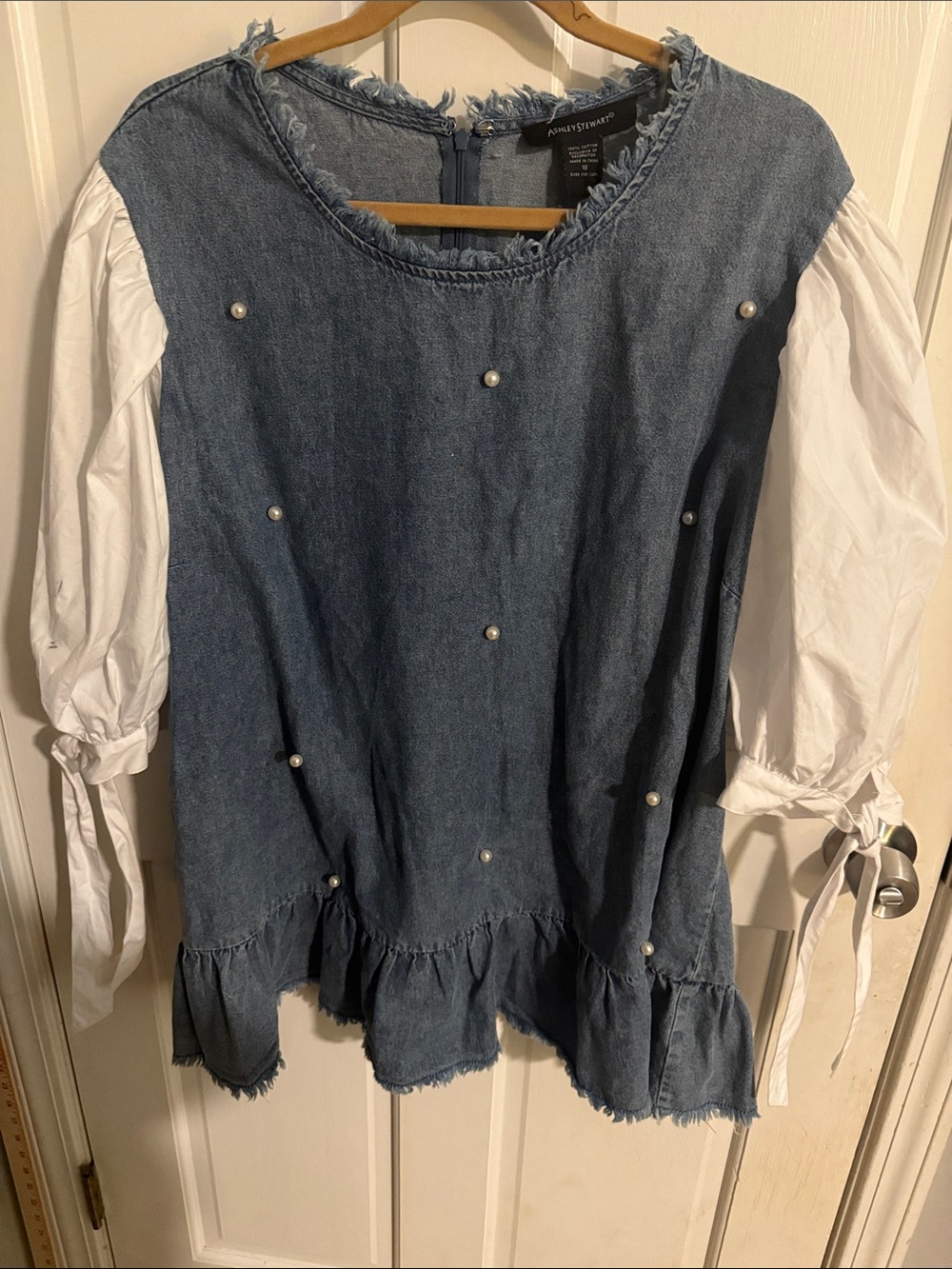 Ashley Stewart Denim Peplum Top with White Puff Sleeves and Pearls